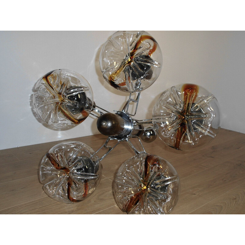 Vintage Murano glass chandelier wood and chrome for Mazzega 1960-1970