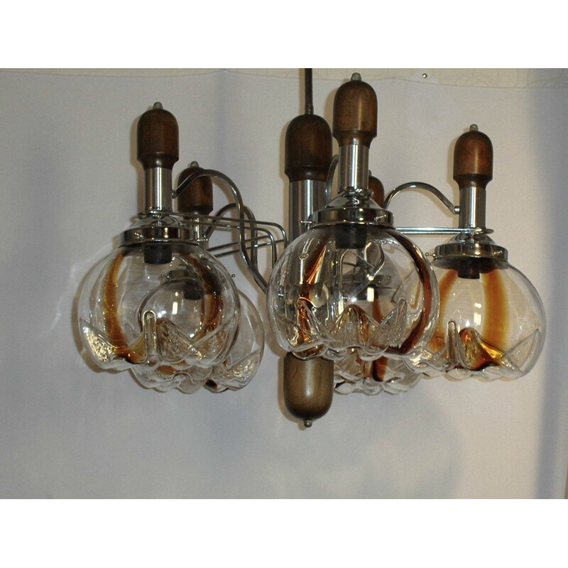 Vintage Murano glass chandelier wood and chrome for Mazzega 1960-1970