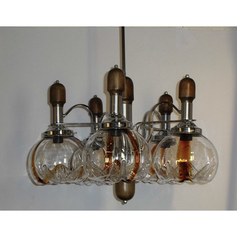 Vintage Murano glass chandelier wood and chrome for Mazzega 1960-1970