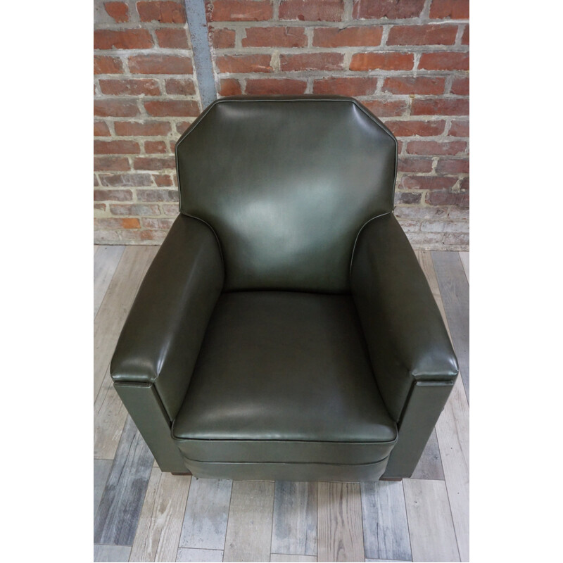 Vintage art deco club armchair in skai and wood