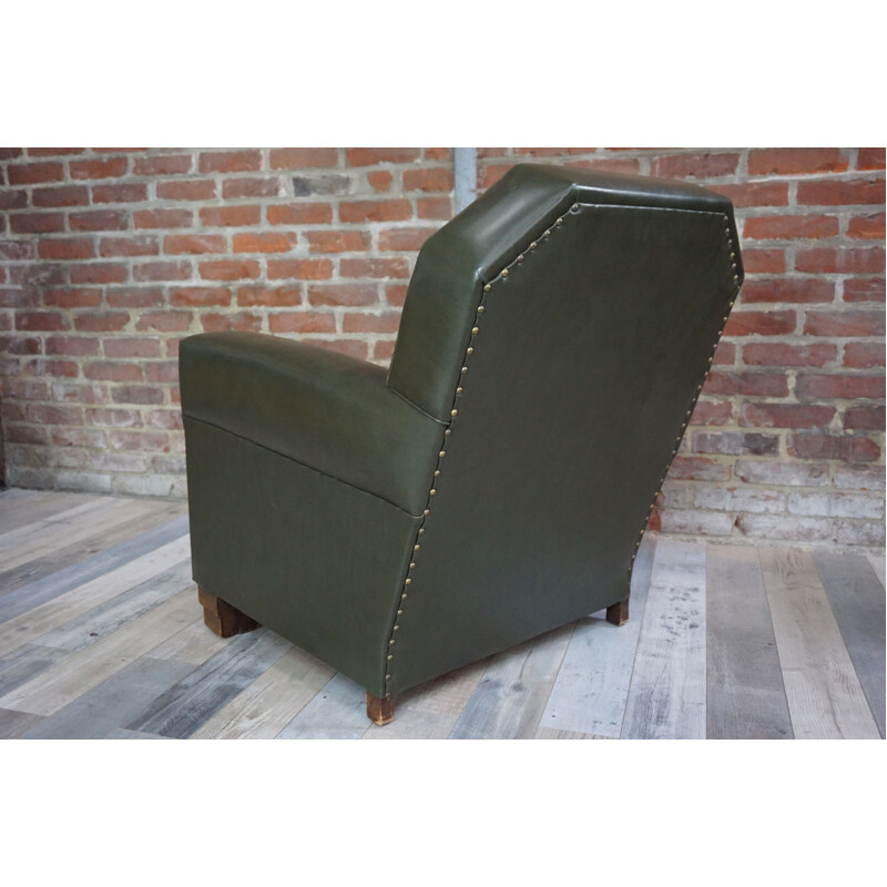 Fauteuil club vintage art déco en skaï et bois