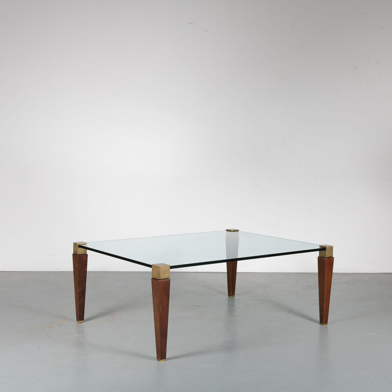 Vintage coffee table in wood, brass and glass by Peter Ghyczy for Ghyczy, Netherlands 1970