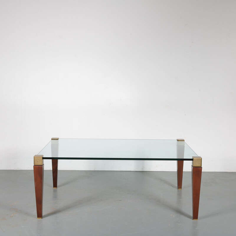 Vintage coffee table in wood, brass and glass by Peter Ghyczy for Ghyczy, Netherlands 1970