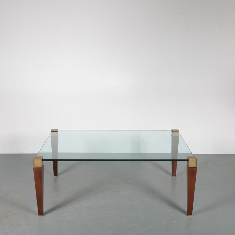 Vintage coffee table in wood, brass and glass by Peter Ghyczy for Ghyczy, Netherlands 1970