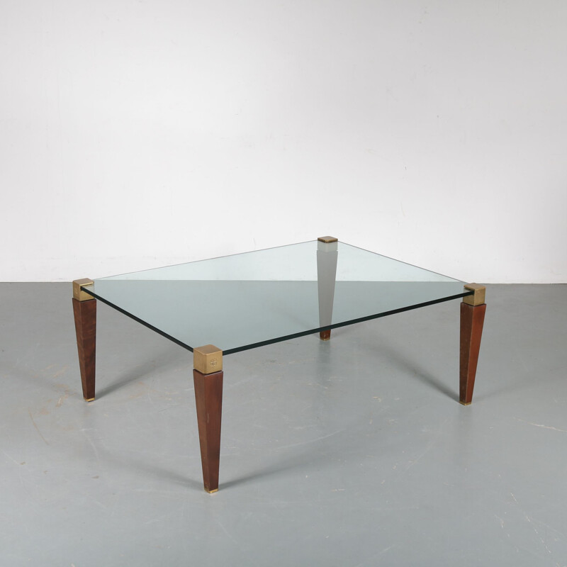 Vintage coffee table in wood, brass and glass by Peter Ghyczy for Ghyczy, Netherlands 1970