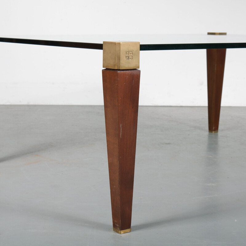 Vintage coffee table in wood, brass and glass by Peter Ghyczy for Ghyczy, Netherlands 1970