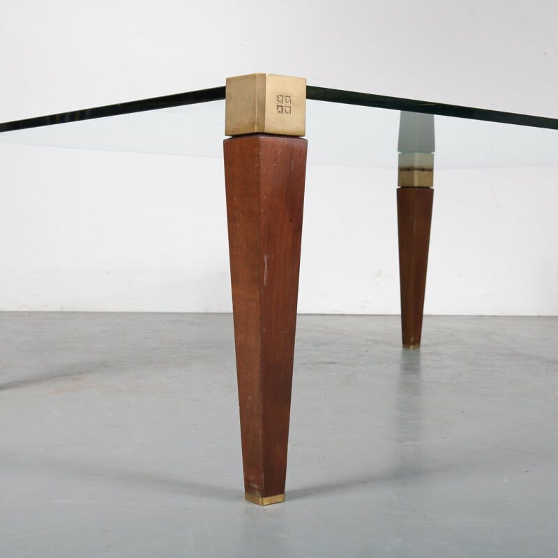 Vintage coffee table in wood, brass and glass by Peter Ghyczy for Ghyczy, Netherlands 1970