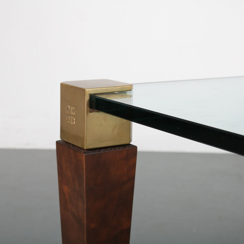 Vintage coffee table in wood, brass and glass by Peter Ghyczy for Ghyczy, Netherlands 1970