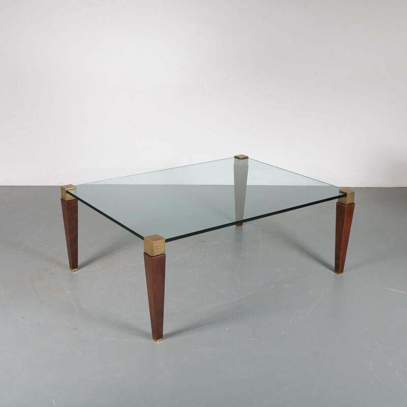 Vintage coffee table in wood, brass and glass by Peter Ghyczy for Ghyczy, Netherlands 1970