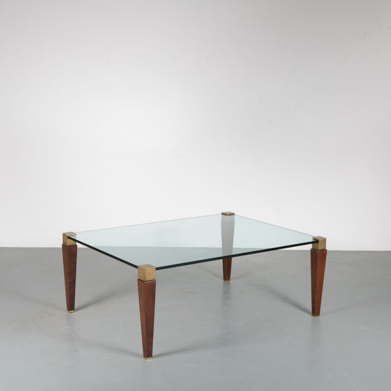 Vintage coffee table in wood, brass and glass by Peter Ghyczy for Ghyczy, Netherlands 1970