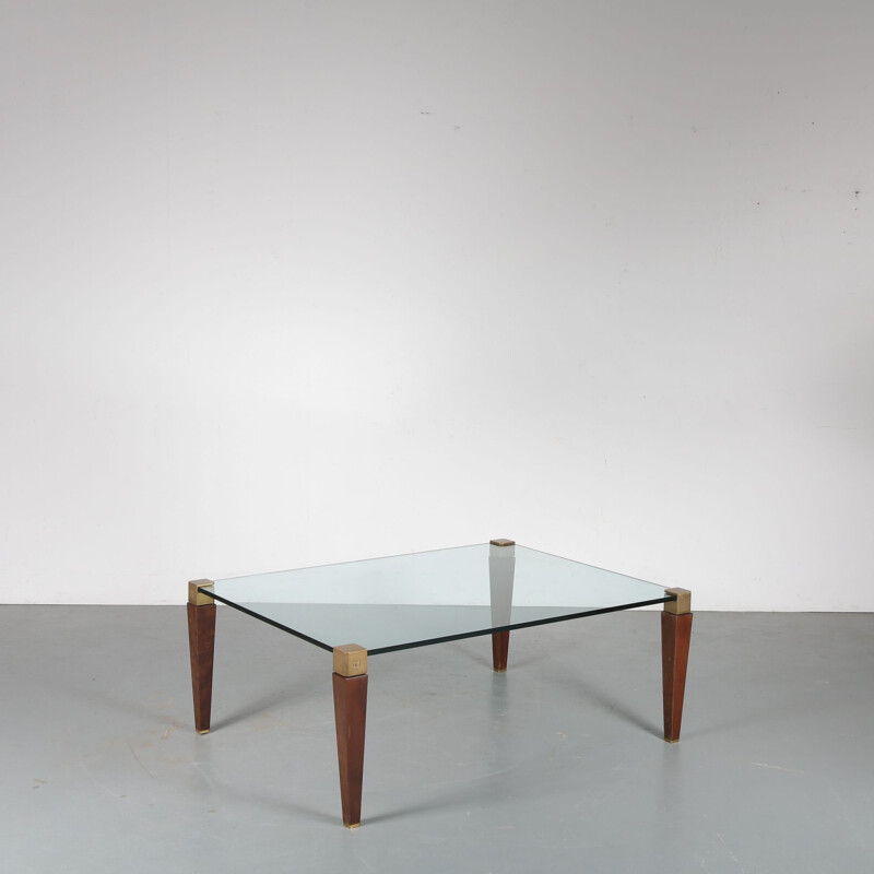 Vintage coffee table in wood, brass and glass by Peter Ghyczy for Ghyczy, Netherlands 1970