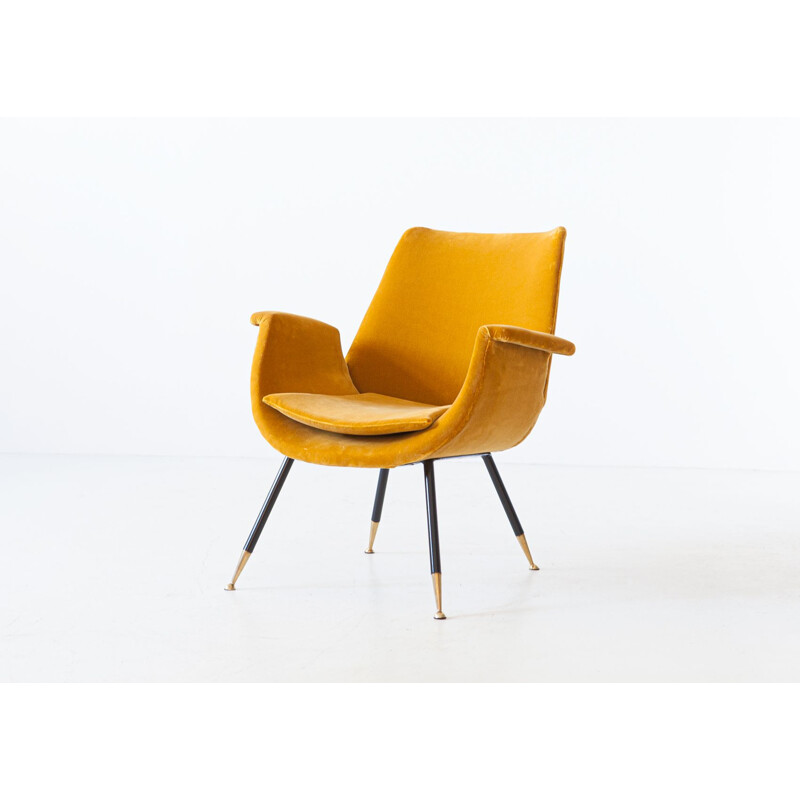 Vintage Italian Senape Velvet Armchair by Gastone Rinaldi 1950