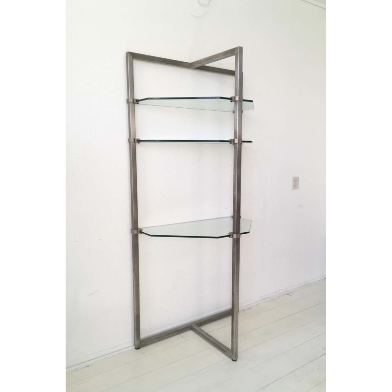 Vintage stainless steel and glass wall shelf by Peter Ghyzy