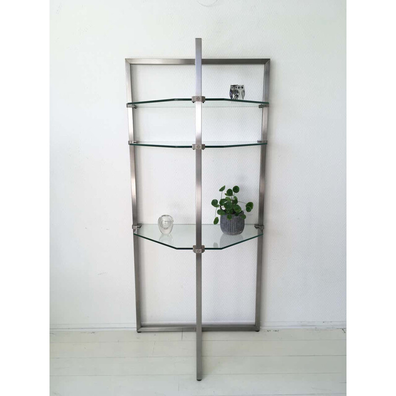 Vintage stainless steel and glass wall shelf by Peter Ghyzy