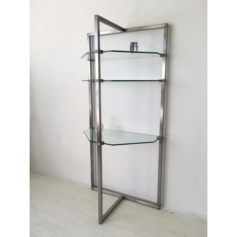 Vintage stainless steel and glass wall shelf by Peter Ghyzy