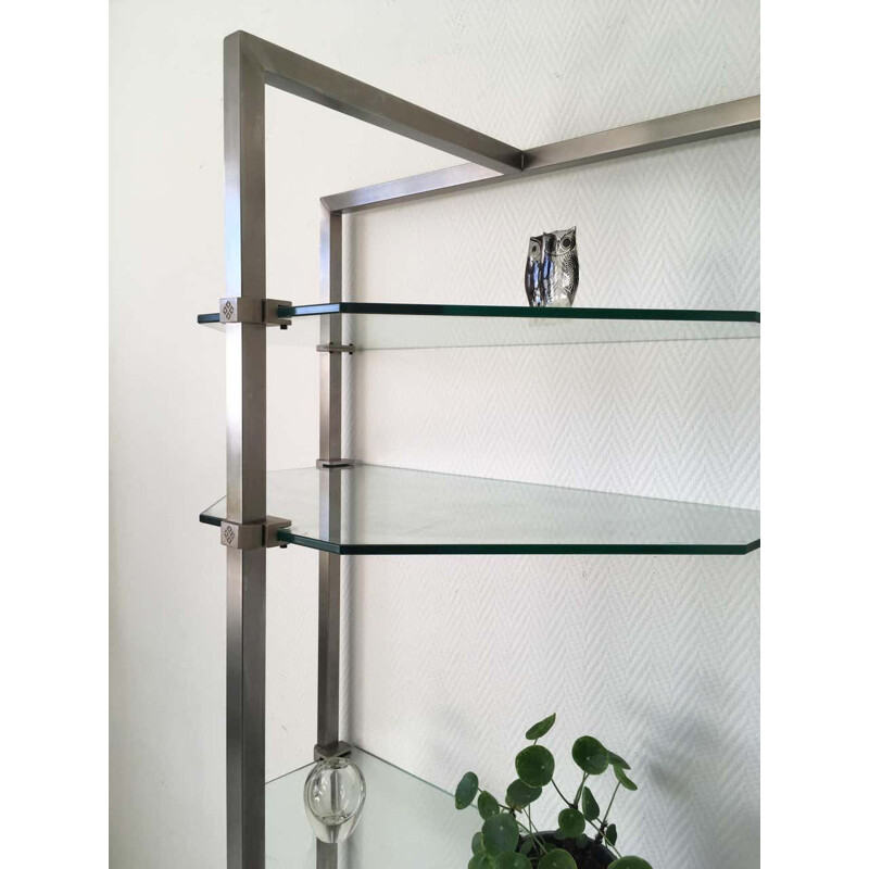 Vintage stainless steel and glass wall shelf by Peter Ghyzy