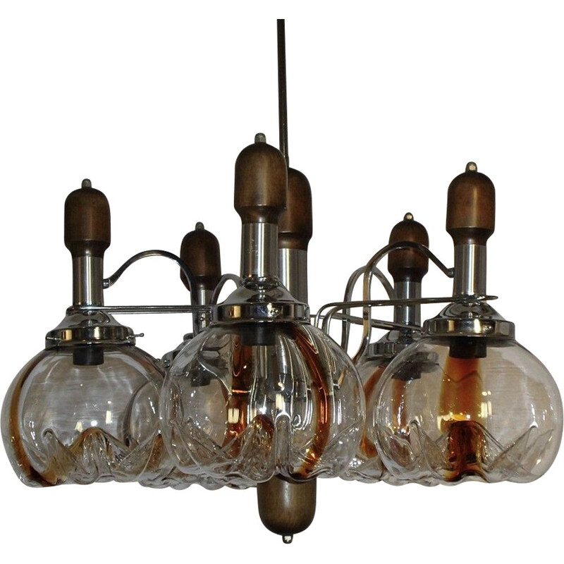 Vintage Murano glass chandelier wood and chrome for Mazzega 1960-1970