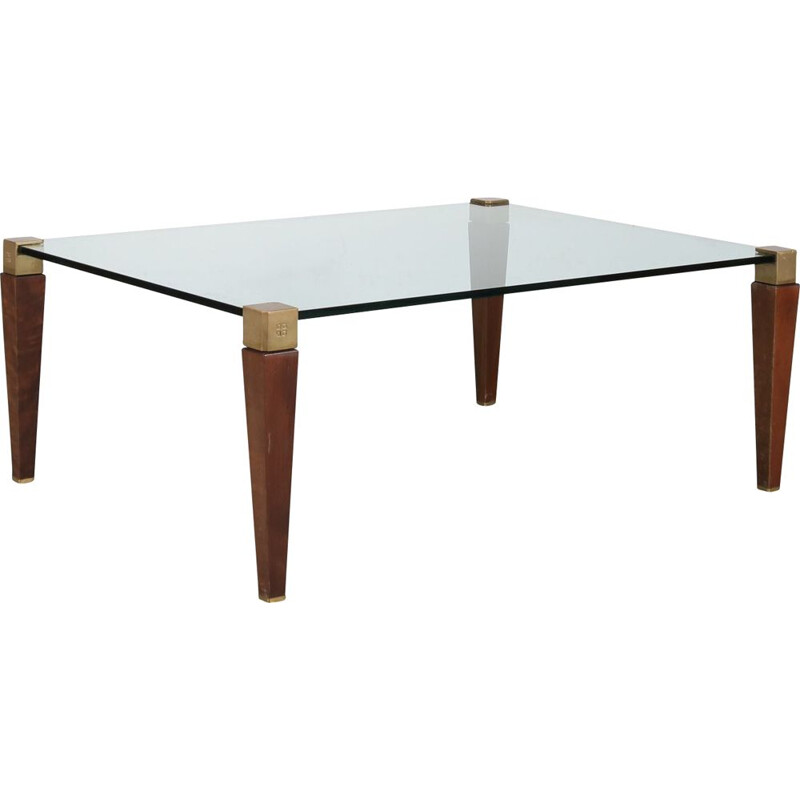 Vintage coffee table in wood, brass and glass by Peter Ghyczy for Ghyczy, Netherlands 1970