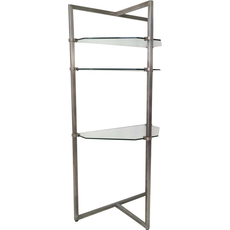 Vintage stainless steel and glass wall shelf by Peter Ghyzy