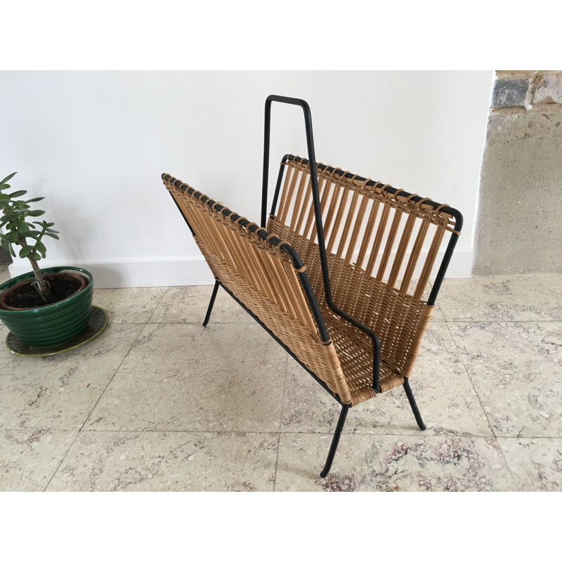 Vintage magazine rack in steel and rattan, 1950-60s