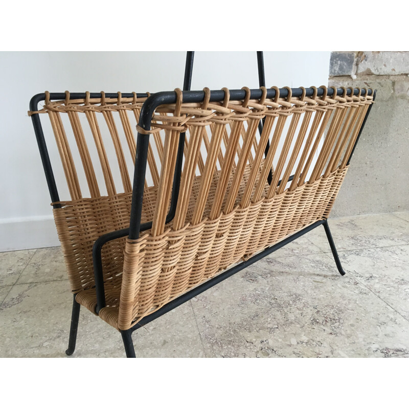 Vintage magazine rack in steel and rattan, 1950-60s