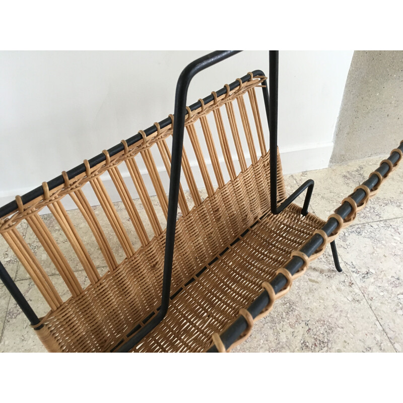 Vintage magazine rack in steel and rattan, 1950-60s