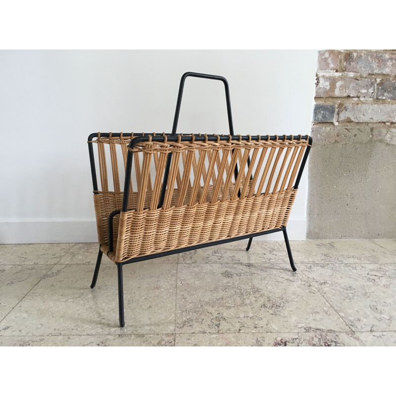 Vintage magazine rack in steel and rattan, 1950-60s