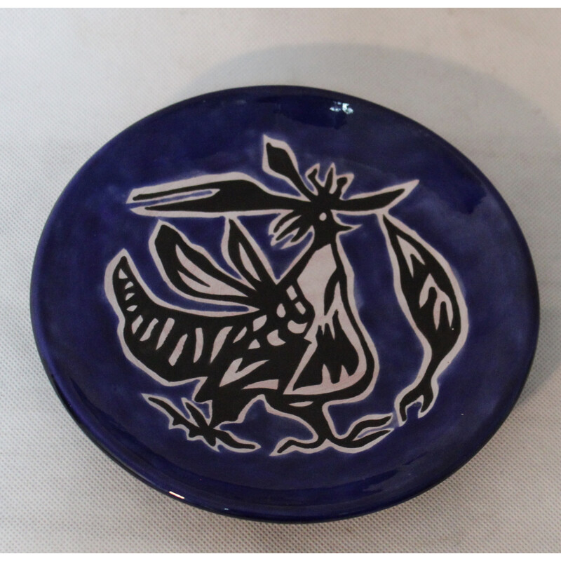 Sant Vinces blue ceramic decorative plate, Jean LURCAT - 1950s