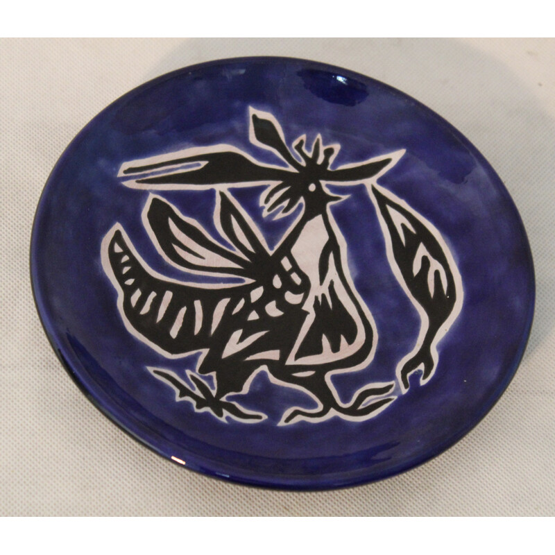 Sant Vinces blue ceramic decorative plate, Jean LURCAT - 1950s