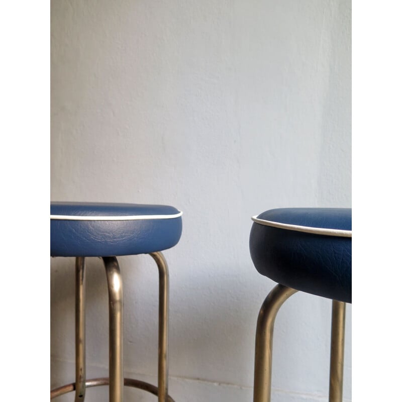 Vintage stool in metal and blue leatherette, 1950s