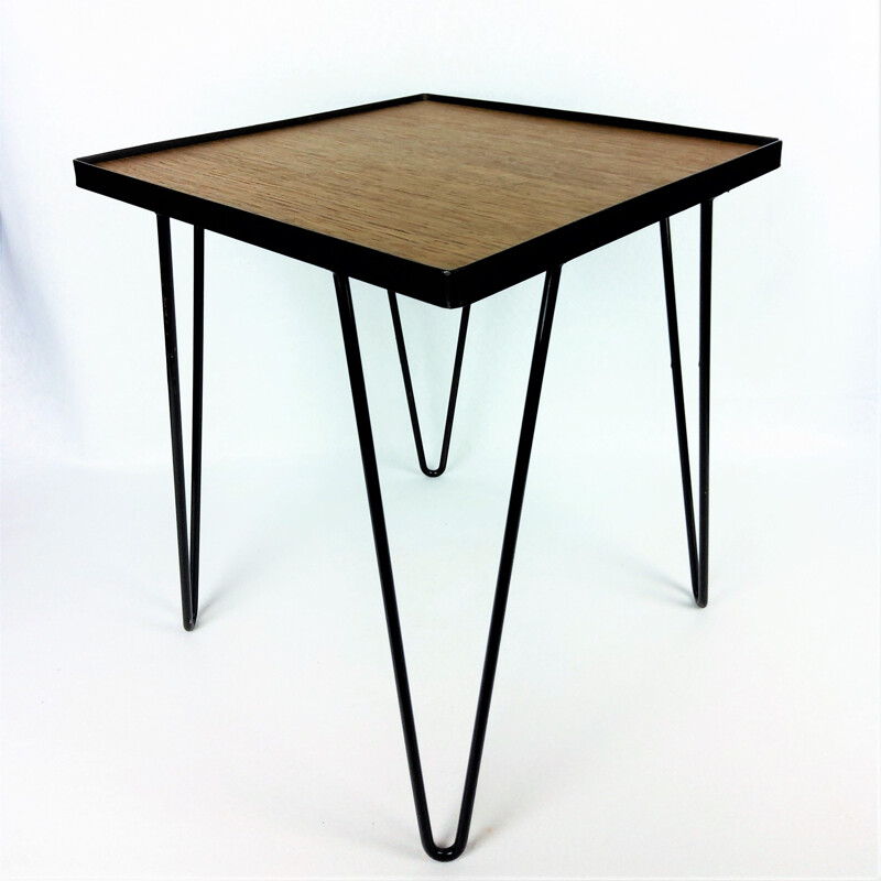 Vintage side table in oak and black metal, 1950s