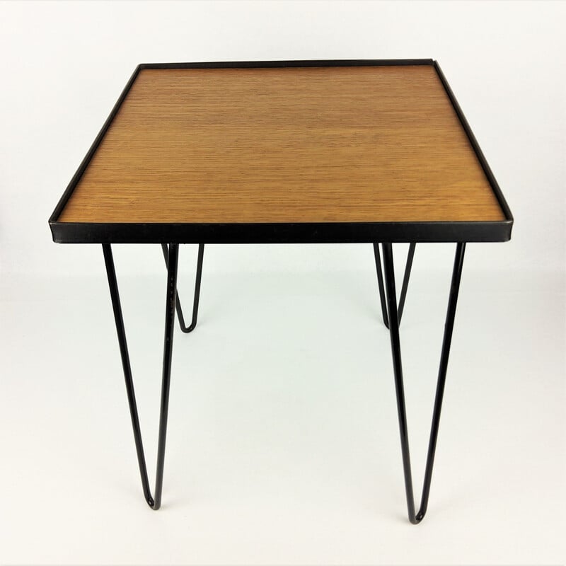 Vintage side table in oak and black metal, 1950s