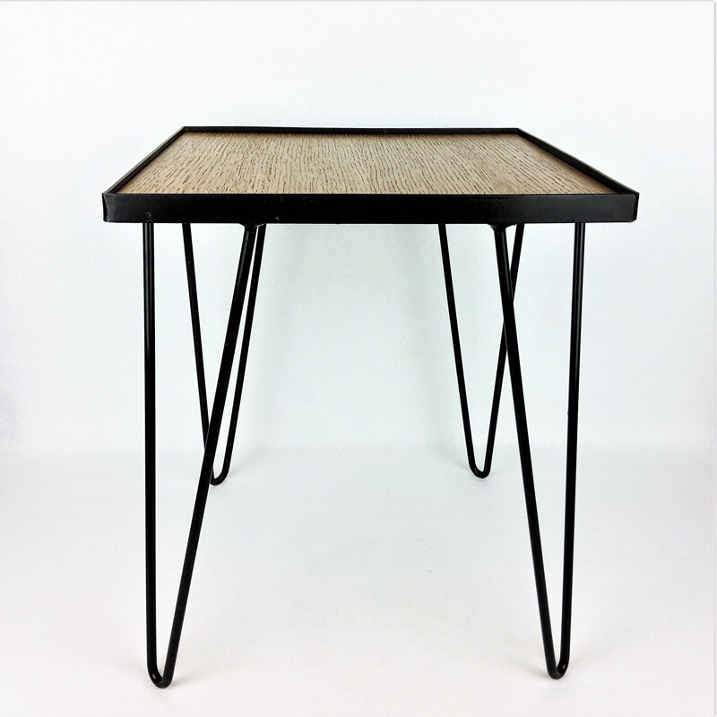 Vintage side table in oak and black metal, 1950s