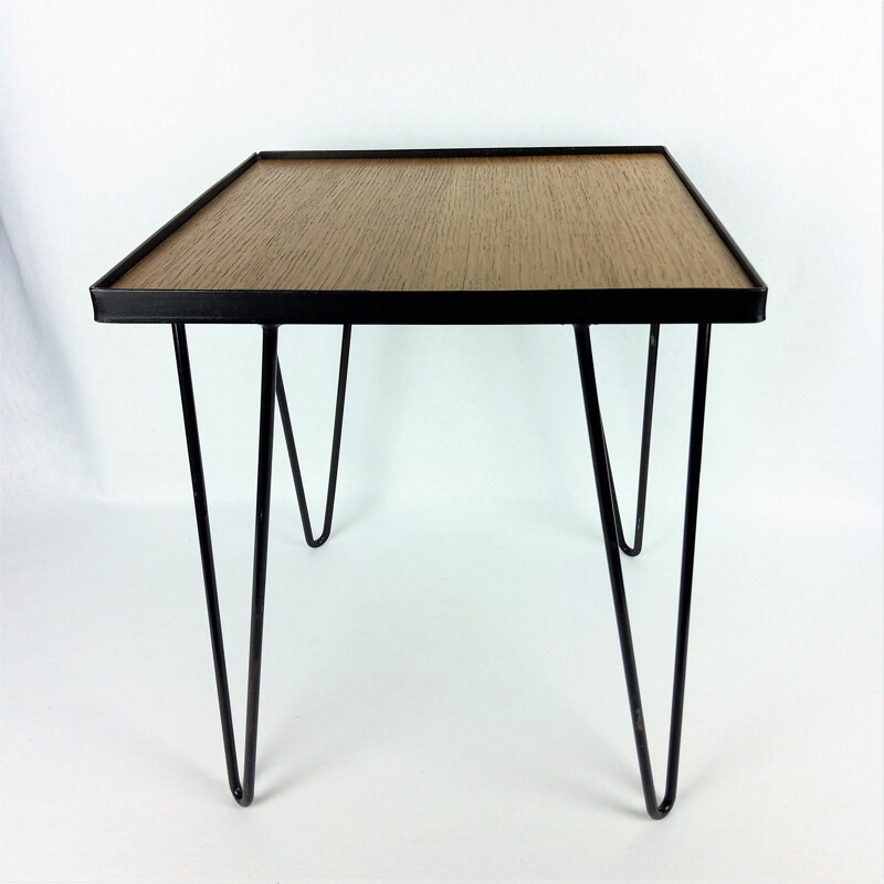 Vintage side table in oak and black metal, 1950s