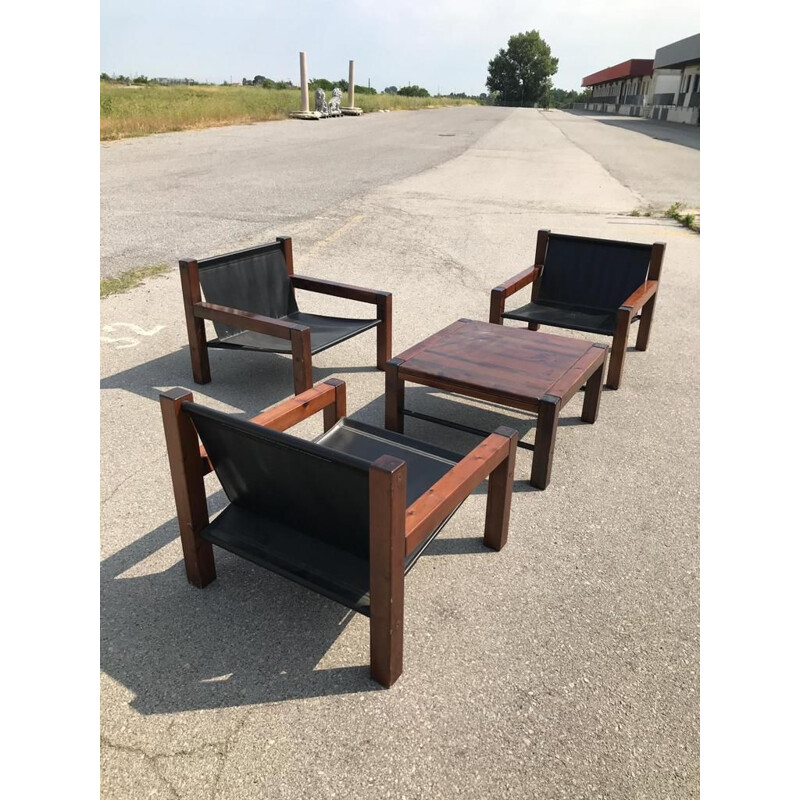 Vintage lounge set with 3 armchairs and 1 coffee table, Italy 1978