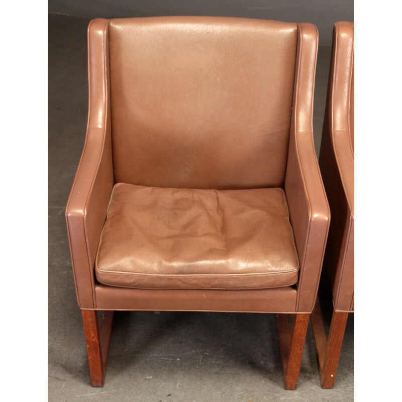 Paire de fauteuils Vintage rembourrées avec du cuir brun Borge Mogensen modèle 3246 de Fredericia, 1970