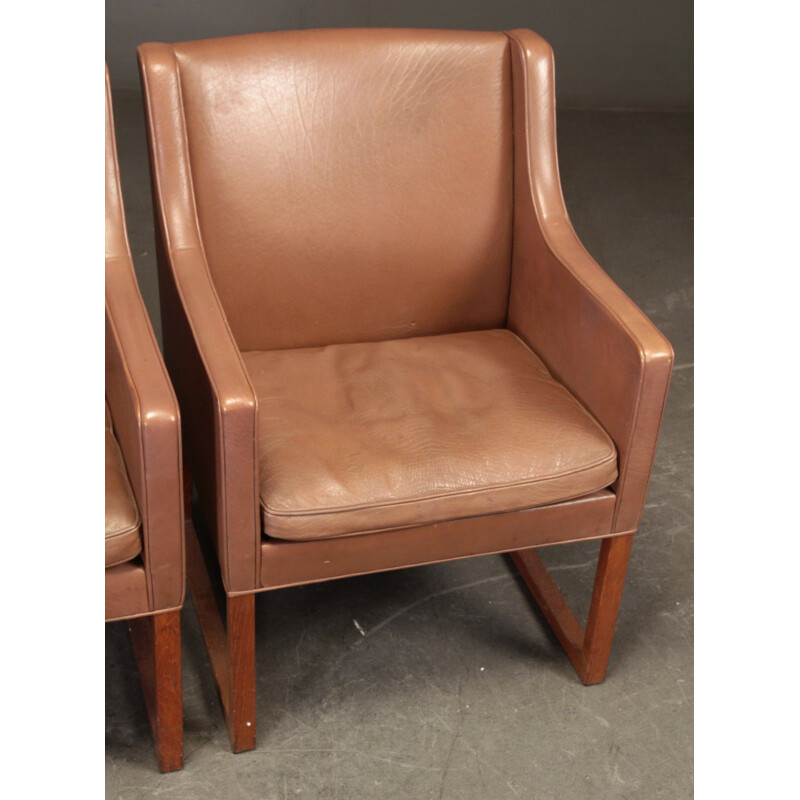Paar vintage fauteuils bekleed met bruin leer Borge Mogensen model 3246 uit Fredericia, 1970