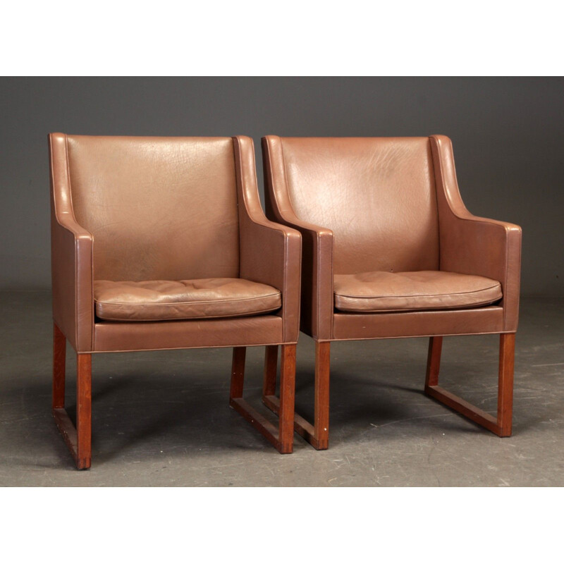 Paar vintage fauteuils bekleed met bruin leer Borge Mogensen model 3246 uit Fredericia, 1970