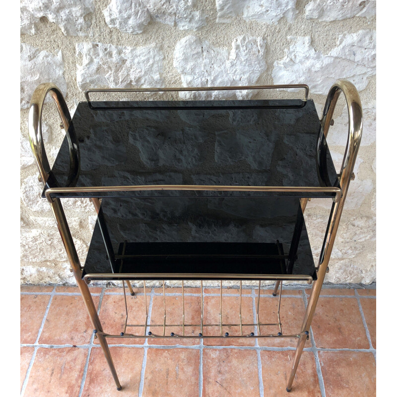 Vintage brass side table with black glass shelves 1960