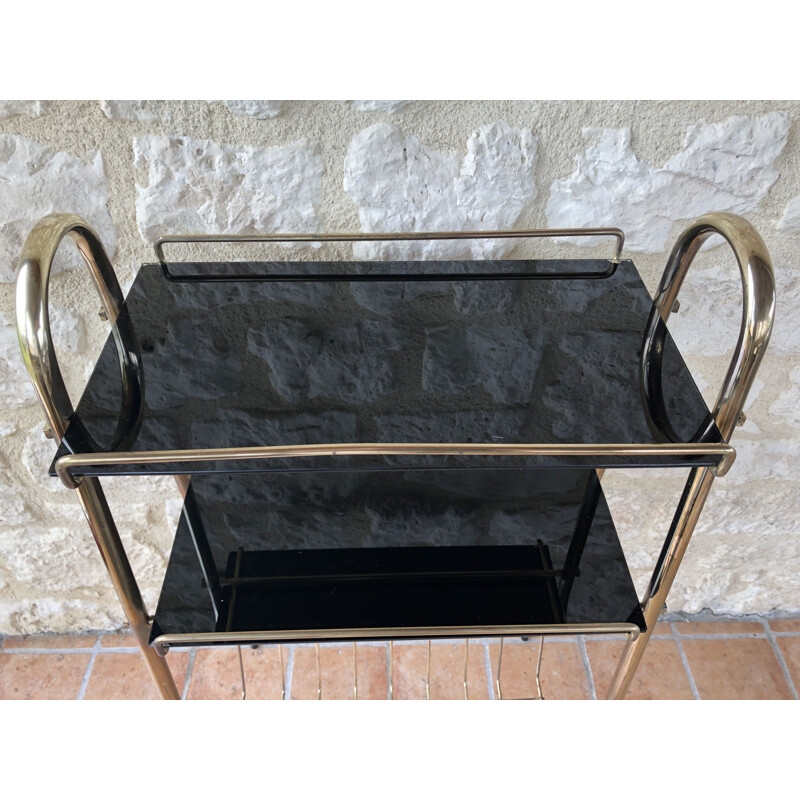 Vintage brass side table with black glass shelves 1960