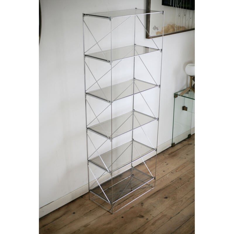 Vintage Isocèle shelf by Max Sauze in steel and smoked glass, France 1970