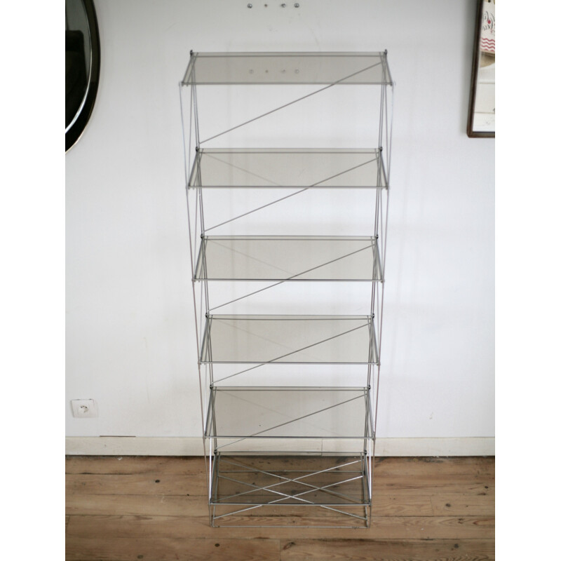 Vintage Isocèle shelf by Max Sauze in steel and smoked glass, France 1970