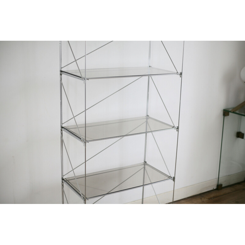 Vintage Isocèle shelf by Max Sauze in steel and smoked glass, France 1970