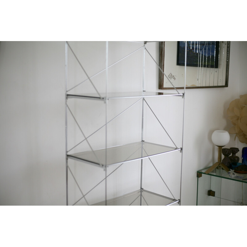 Vintage Isocèle shelf by Max Sauze in steel and smoked glass, France 1970