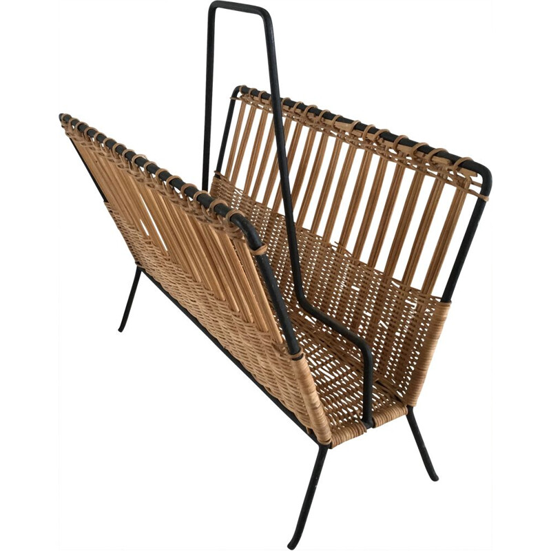 Vintage magazine rack in steel and rattan, 1950-60s