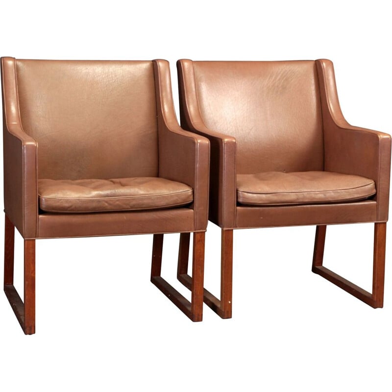 Pair of vintage armchairs upholstered with brown leather Borge Mogensen model 3246 from Fredericia, 1970