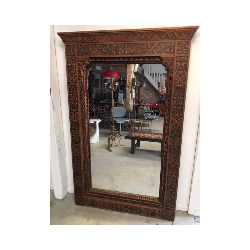 Large vintage oriental mirror with carved wood frame, 1950