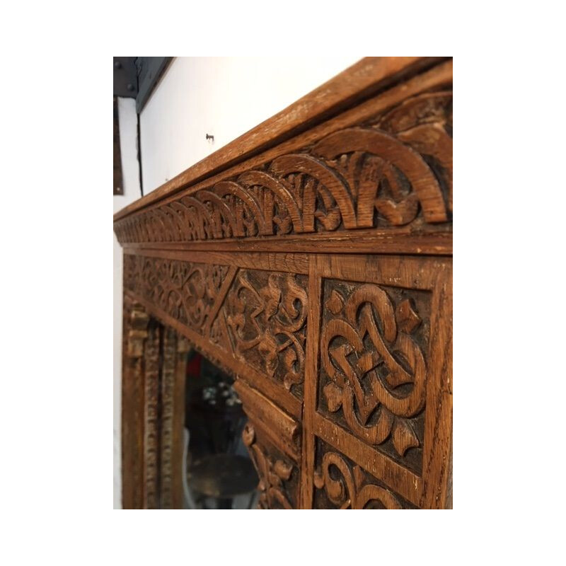 Large vintage oriental mirror with carved wood frame, 1950