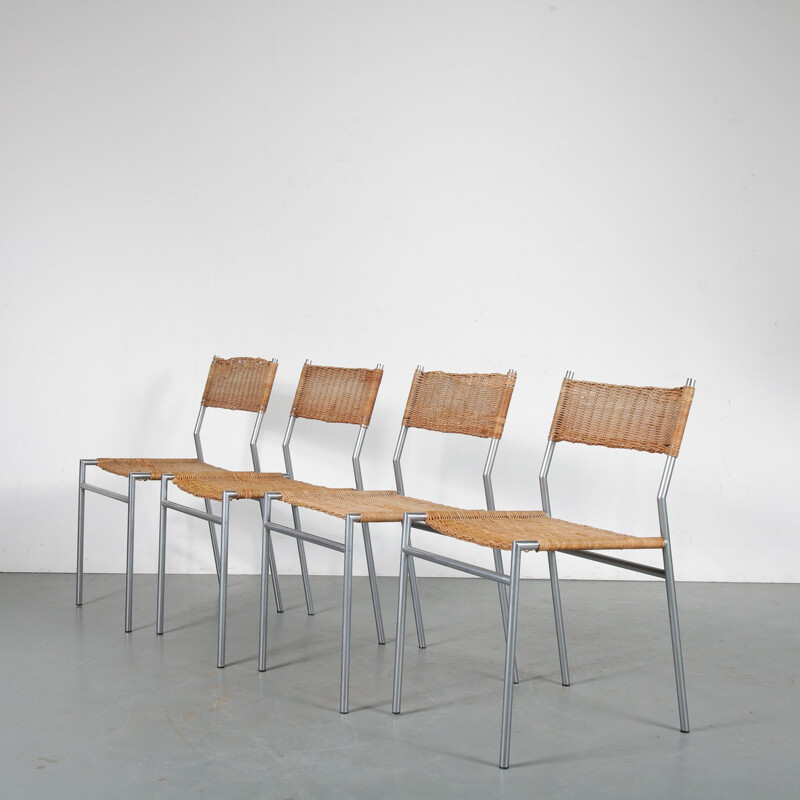 Set of 4 vintage Dutch wicker dining chairs by Martin Visser for Spectrum, Netherlands, 1960s