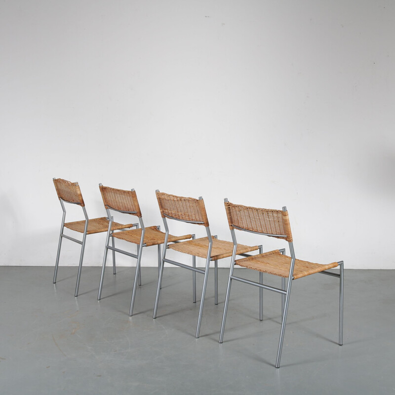 Set of 4 vintage Dutch wicker dining chairs by Martin Visser for Spectrum, Netherlands, 1960s